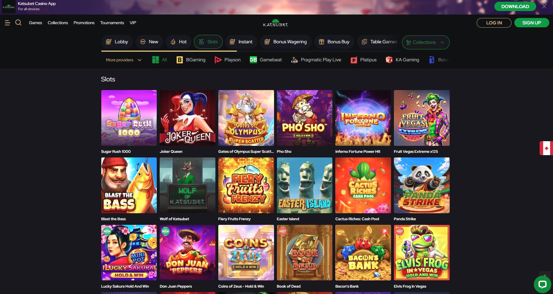 Screenshot der Spielauswahl und populärer Slot-Spiele bei Katsubet